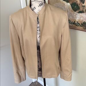 Ann Taylor Women's Beige Long Sleeve Zip-Up Collarless Lined Blazer- size 14
